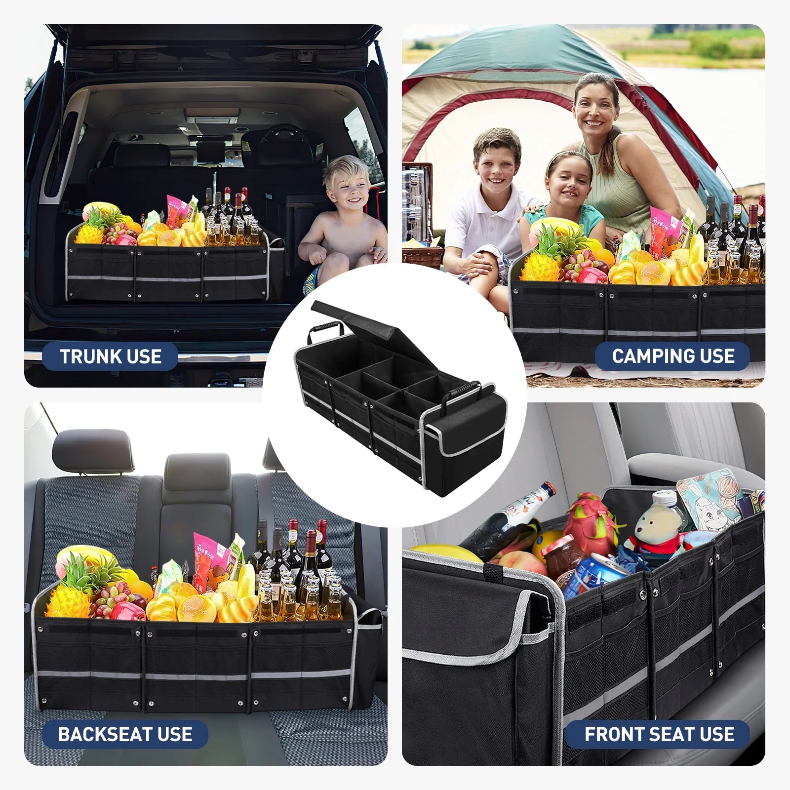 Car Storage Organizer, Collapsible Multi Compartment SUV Trunk Organizer with Leakproof Insulated Bag, Adjustable Securing Straps, Foldable Cover, Trunk Storage Box for Car, SUV, Truck, or Van