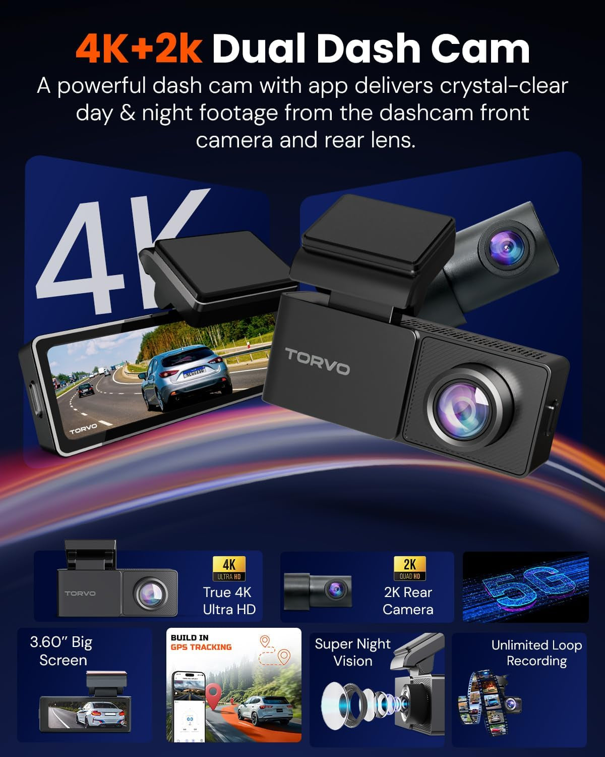 TORVO TD3 4K+2K Dash Cam with App, Camera for Car Front and Back with 5G Wifi & GPS, Free 64GB Card, Night Vision Dashcam Front Cameras 24/7 Recording When Car Is Off, Security Camera for Cars