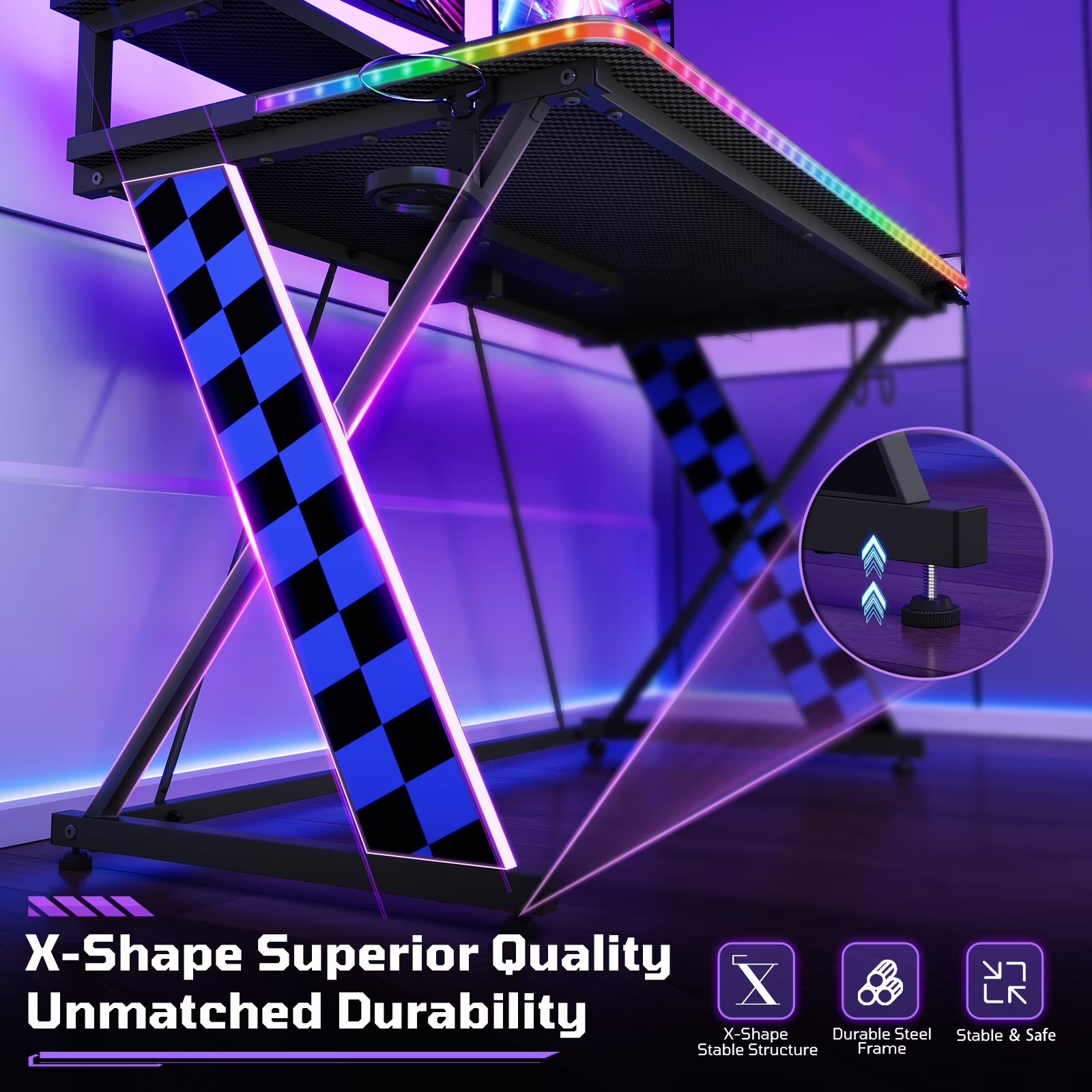 43" Music Sync LED Gaming Desk,X-Shape Ergonomic Monitor Stand Gamer Table,Pc Desk with Dynamic Lighting,Color Changing Office Desks,Blue Racing