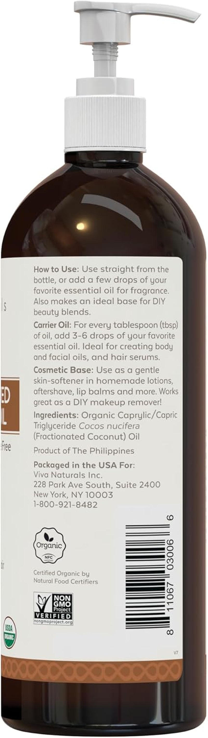 Viva Naturals Organic Fractionated Coconut Oil – 16 Fl Oz Multi-Purpose Moisturizer for Skin, Hair, and Massage, Perfect Carrier Oil for Essential Oils
