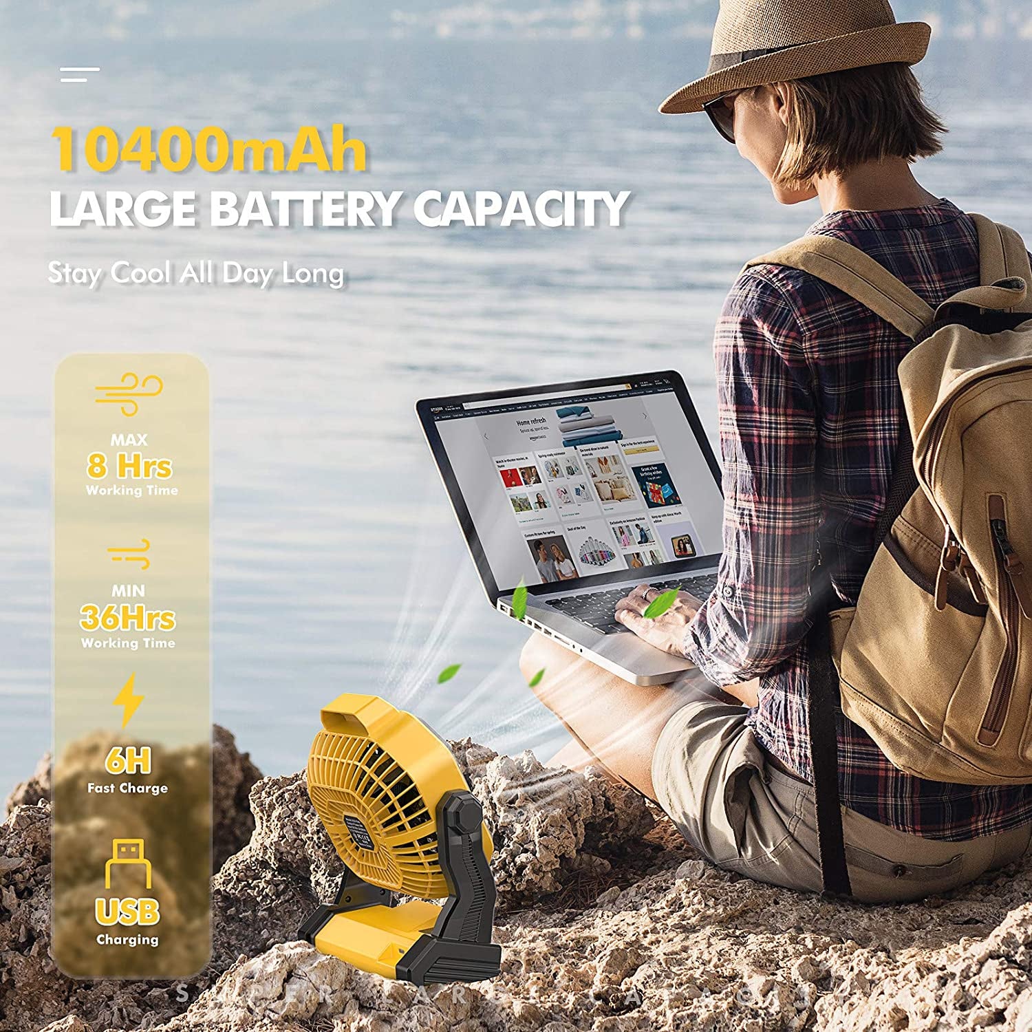 JINLICTE Rechargeable Portable Camping Fan - 9 Inch, Stepless Speed, Ultra-Quiet, 8-36 Hours Runtime for Outdoor Adventures, Picnics, and Home Use