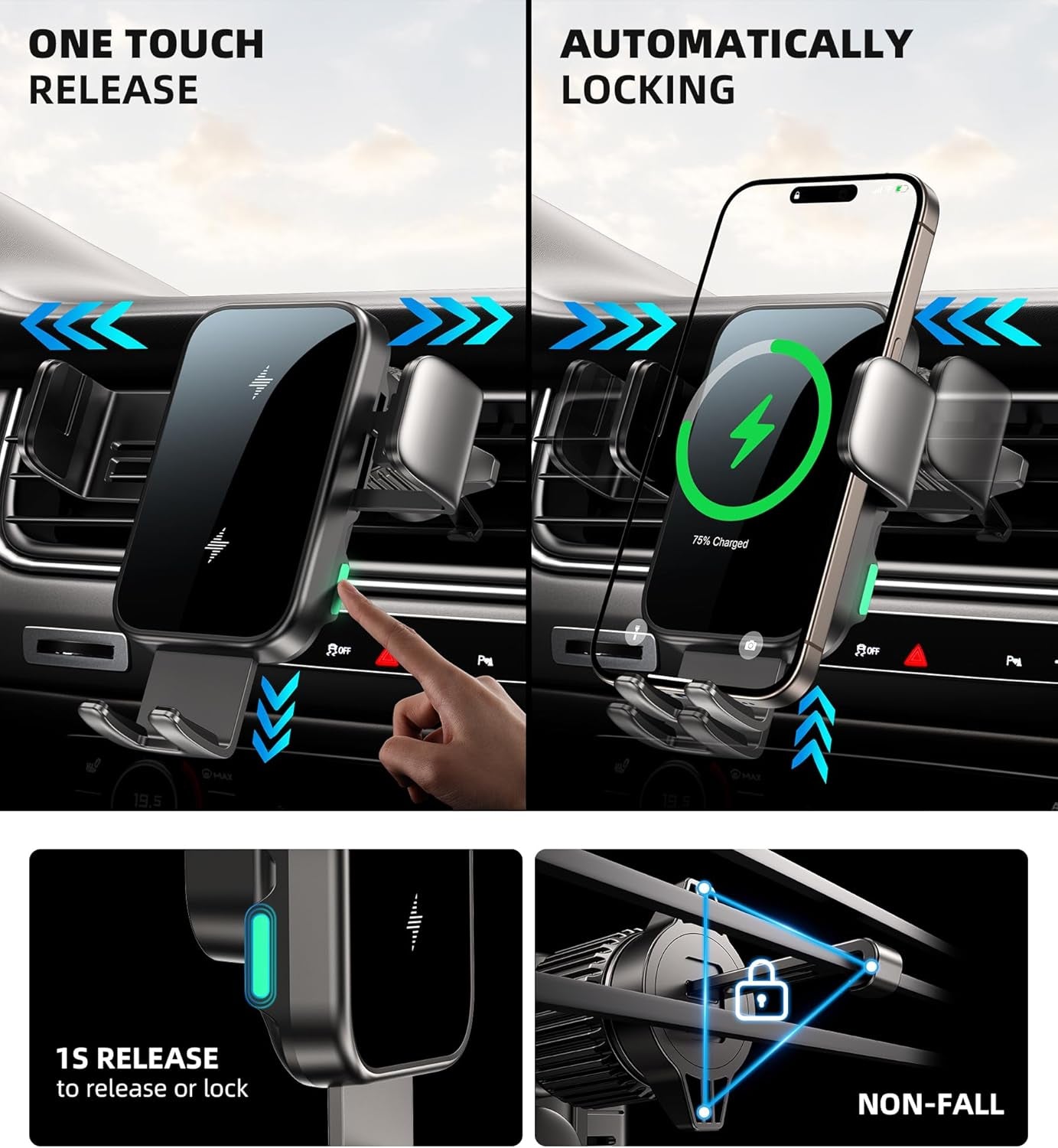 Dual Coil 15W Cup Phone Holder Mount,Wireless Car Charger Auto-Clamping Fast Charging Vent Phone Holders for Your Car for Iphone 17/16/15,Samsung Flip S25 S24 S23 S22 Ultra