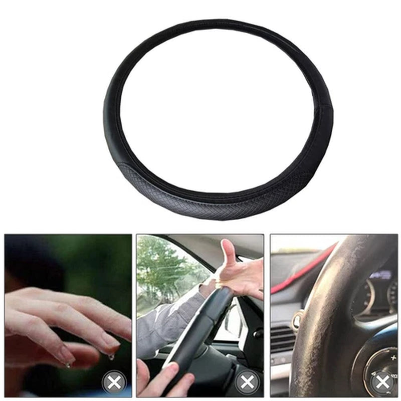 Premium Black Leather Steering Wheel Cover for 15" (37-38CM) - Enhanced Grip Car Accessory