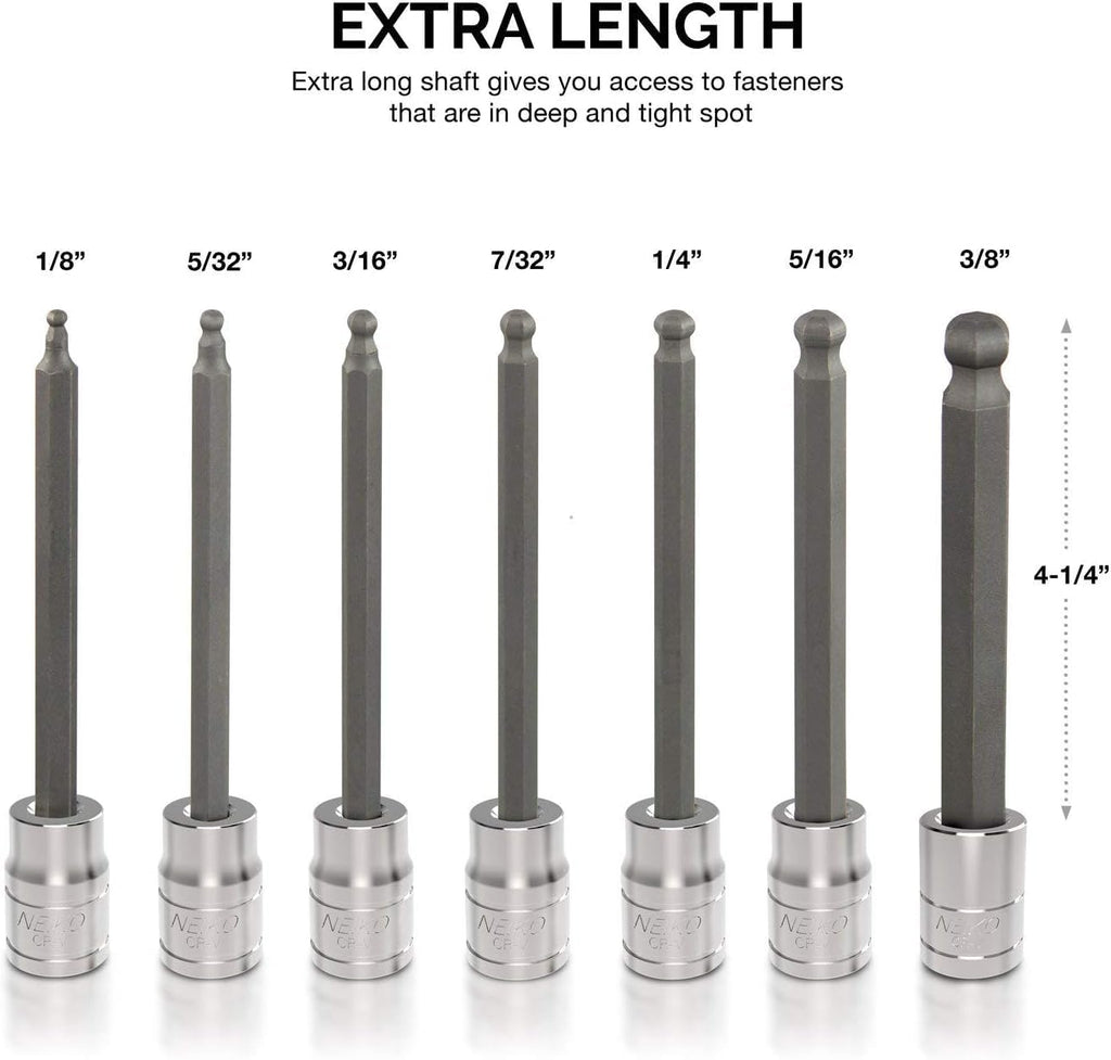 Neiko 10072A 7-Piece Extra Long Allen Hex Bit Socket Set - 3/8-Inch Drive, SAE, Durable S2 & Cr-V Steel, 1/8-Inch to 3/8-Inch