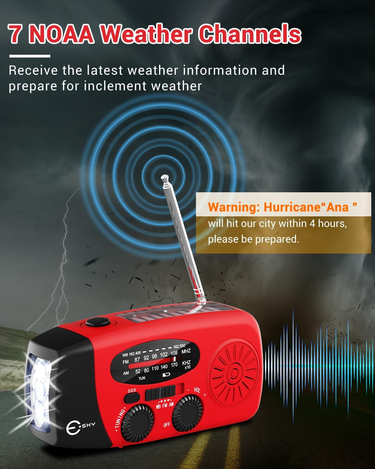Esky Emergency Hand Crank Radio 7400Mwh with 3 LED Flashlight, AM/FM/NOAA Portable Weather Radio with Built-In 2000Mah Battery, Solar Powered Radio for Indoor Outdoor Survival Camping, SOS Alarm