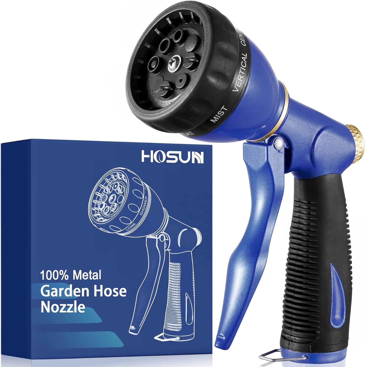 HOSUN Heavy Duty Metal Garden Hose Sprayer Nozzle - 8 Versatile Spray Patterns for Efficient Watering, Car Washing & Pet Care - Durable & High Pressure Design in Blue