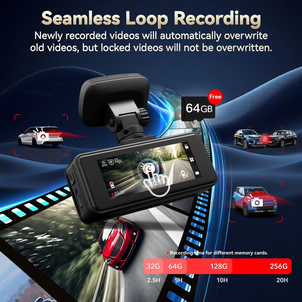REDTIGER A8 Dash Cam Front and Rear, 4K Car Dash Camera with AI Driver Assistance, Built-In GPS, 3.18" IPS Touch Screen, Night Vision, 24H Parking Monitor, G-Sensor, Includes 64GB Card