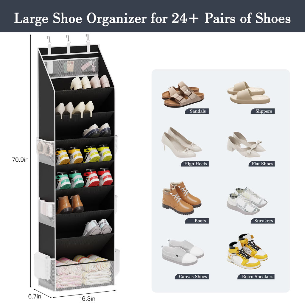 Criusia over the Door Shoe Organizer, Hanging Shoe Storage with Deep Pockets ,Ideal for Sneakers, Heels, Boots, Fits 16-24 Pairs of Shoes, Black
