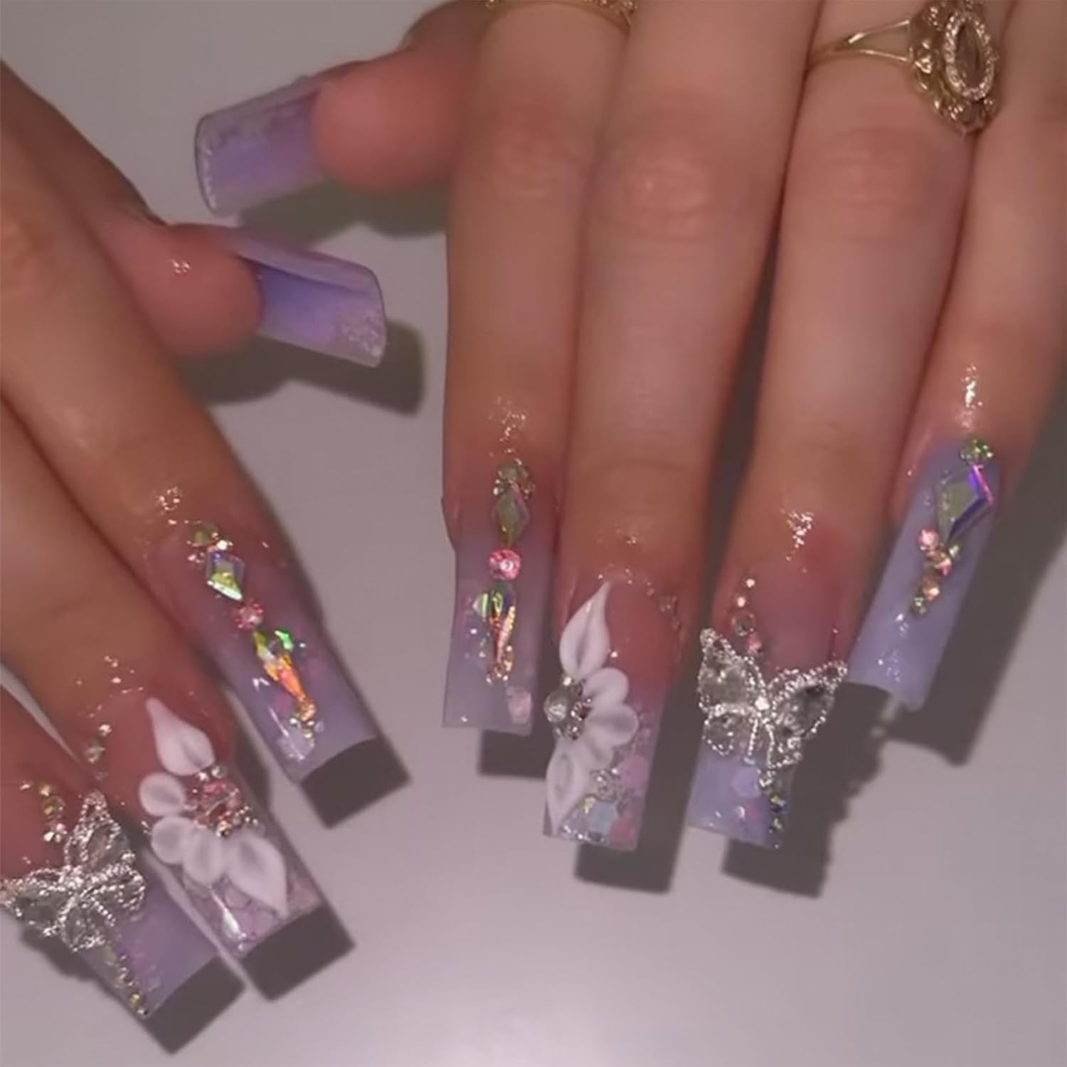 Gorgeous Purple Gradient Press-On Nails with Butterfly Rhinestone Designs - Long Square Full Cover Acrylic Nail Kit