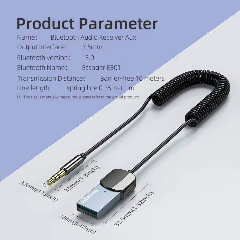 Essager Bluetooth Audio Receiver Dongle USB to 3.5Mm Jack Car Audio Aux Bluetooth 5.0 Handsfree Kit for Car Receiver BT Transmit