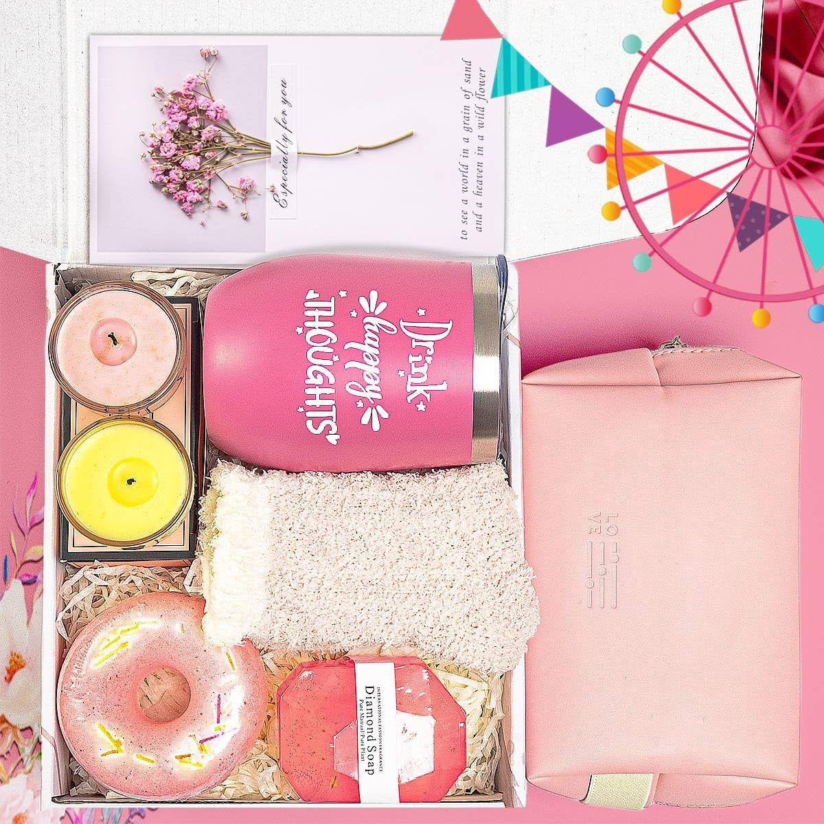 Deluxe Spa Gift Box for Women - Perfect Birthday Surprise with Wine Tumbler & Bath Set (Pink) for Wife, Mom, Sister, Girlfriend, and Best Friend