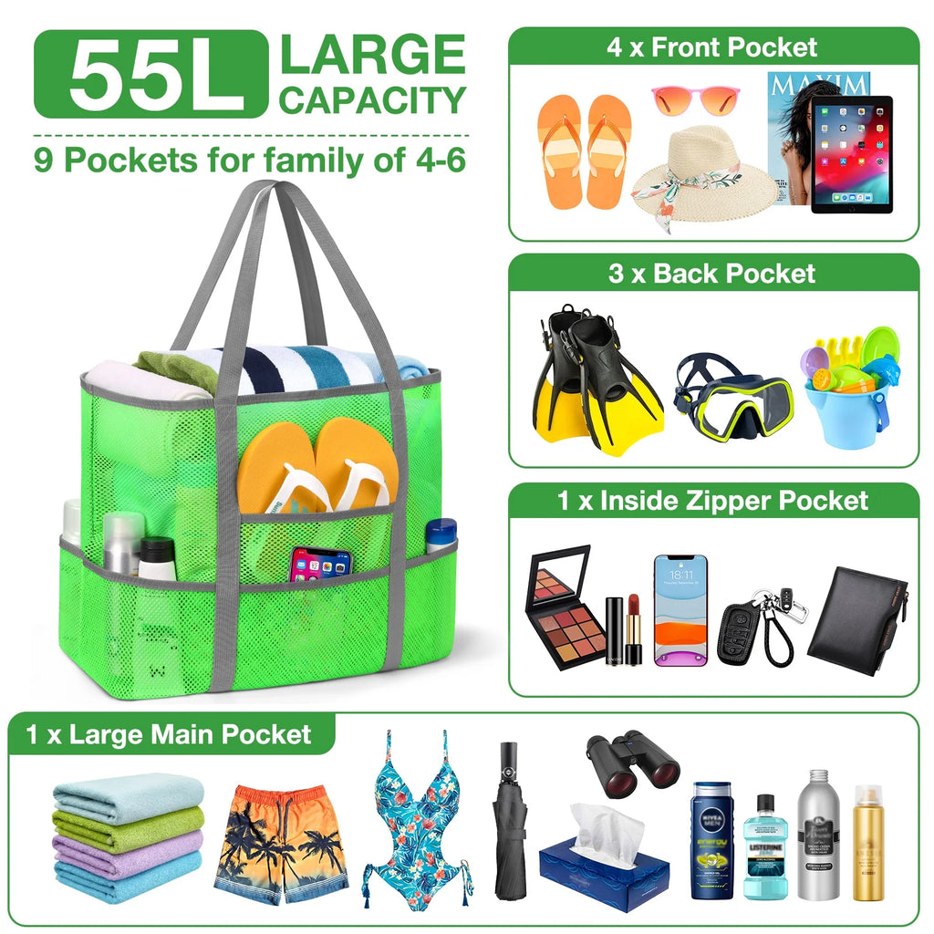 Livhil Mesh Beach Bag Rope Handles, Mesh Tote Bag for Women Contains Wicker Oversized Beach Tote Bag with 9 Small Pockets (Green)