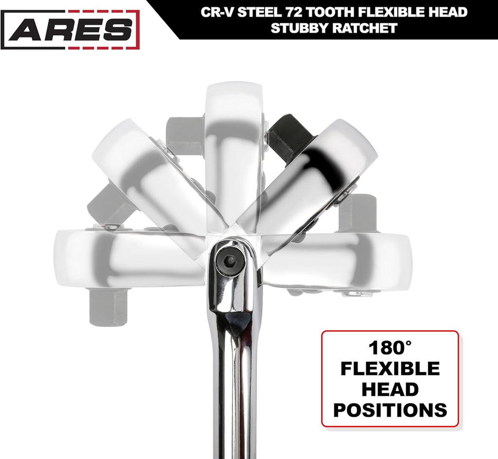 ARES 42043 Flex Head Stubby Ratchet - 1/4-Inch Drive 72-Tooth Precision Tool with Quick Release & Reversible Design - Durable Chrome Vanadium Steel with Mirror Polish Finish