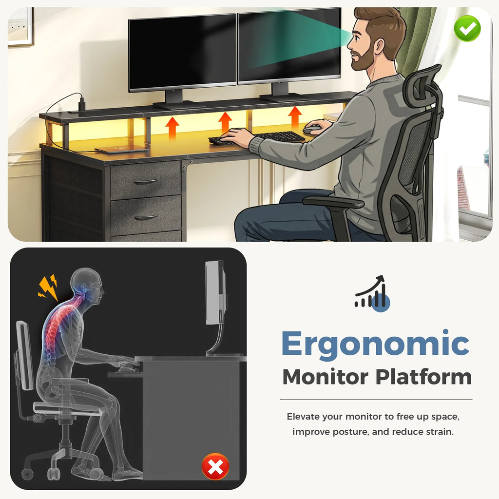 47-Inch Computer Desk with Power Outlets and LED Lights, Gaming Desk with 4 Drawers and Monitor Stand for Small Spaces, Black