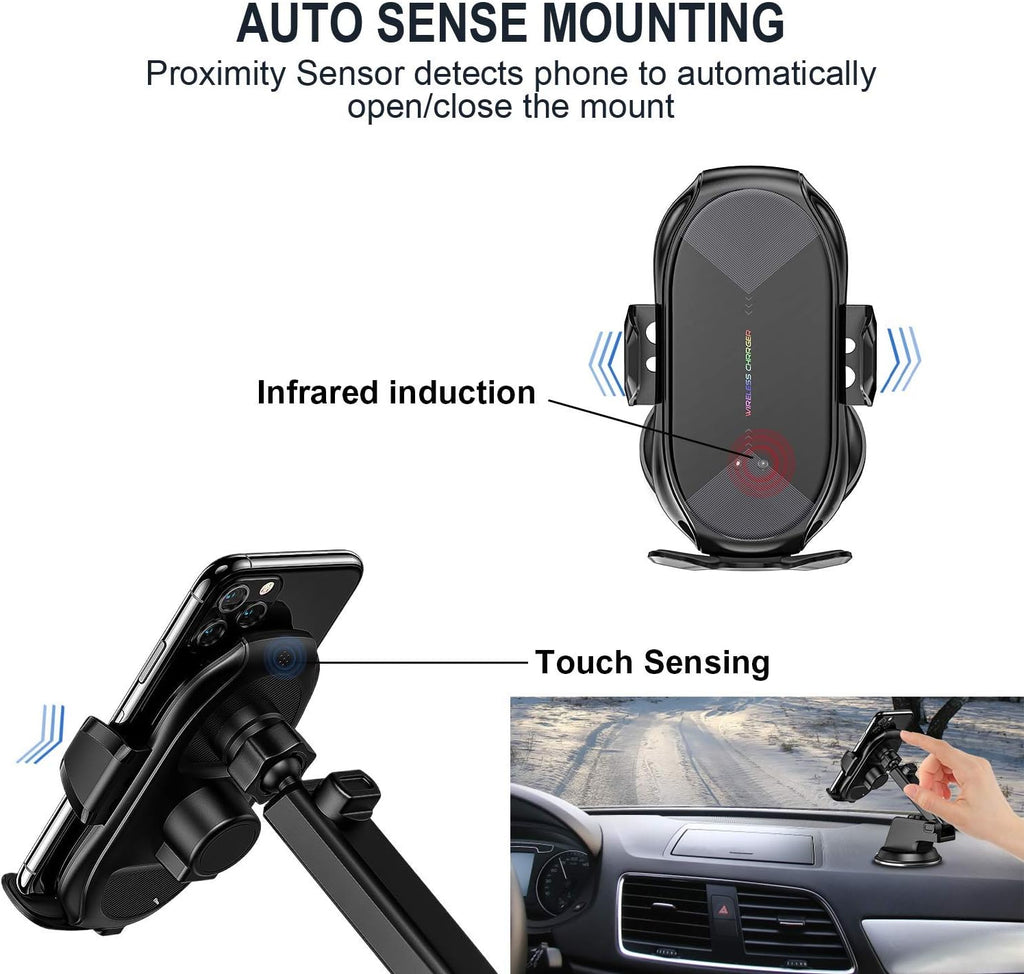 Wireless Car Charger,15W Qi Fast Charging Auto-Clamping Air Vent Windshield Dashboard Car Phone Mount,Long Arm Suction Cup Holder for Iphone Samsung LG