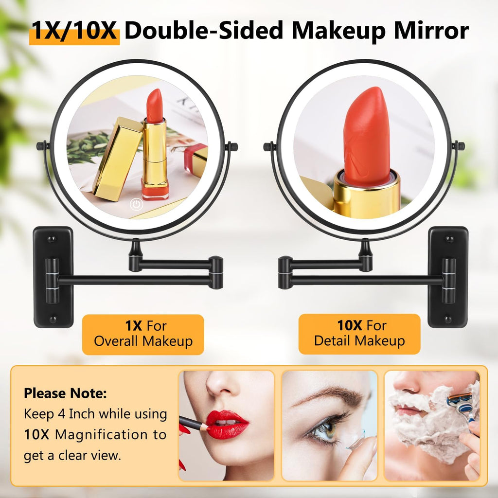 DECLUTTR Wall Mounted Lighted Makeup Mirror, 8" Rechargeable Double Sided 1X/10X Magnifying Mirror with Light, 3 Color Lights, Touch Dimmable, 360° Rotation Foldable Extended Arm, Black