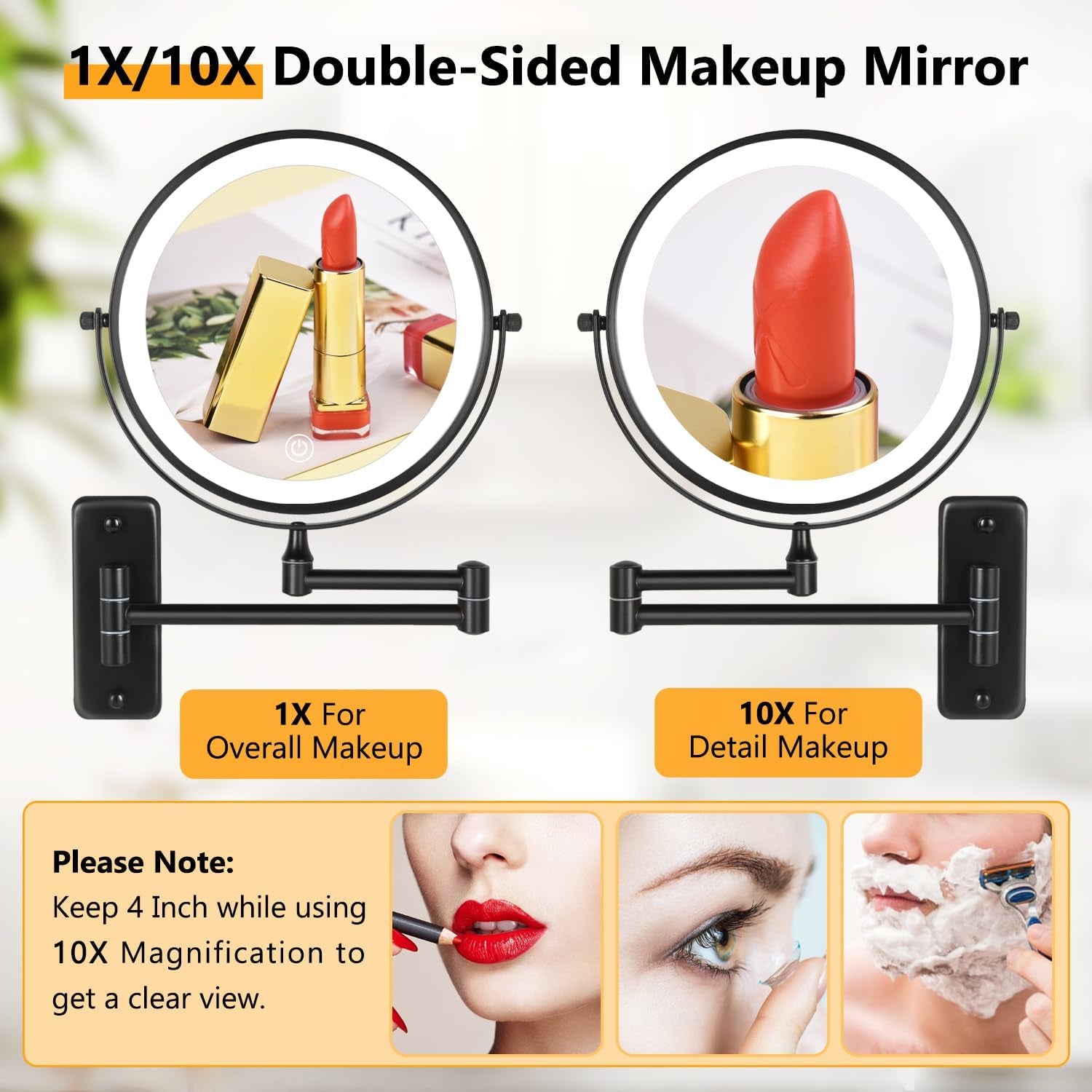 DECLUTTR Wall Mounted Lighted Makeup Mirror, 8" Rechargeable Double Sided 1X/10X Magnifying Mirror with Light, 3 Color Lights, Touch Dimmable, 360° Rotation Foldable Extended Arm, Black