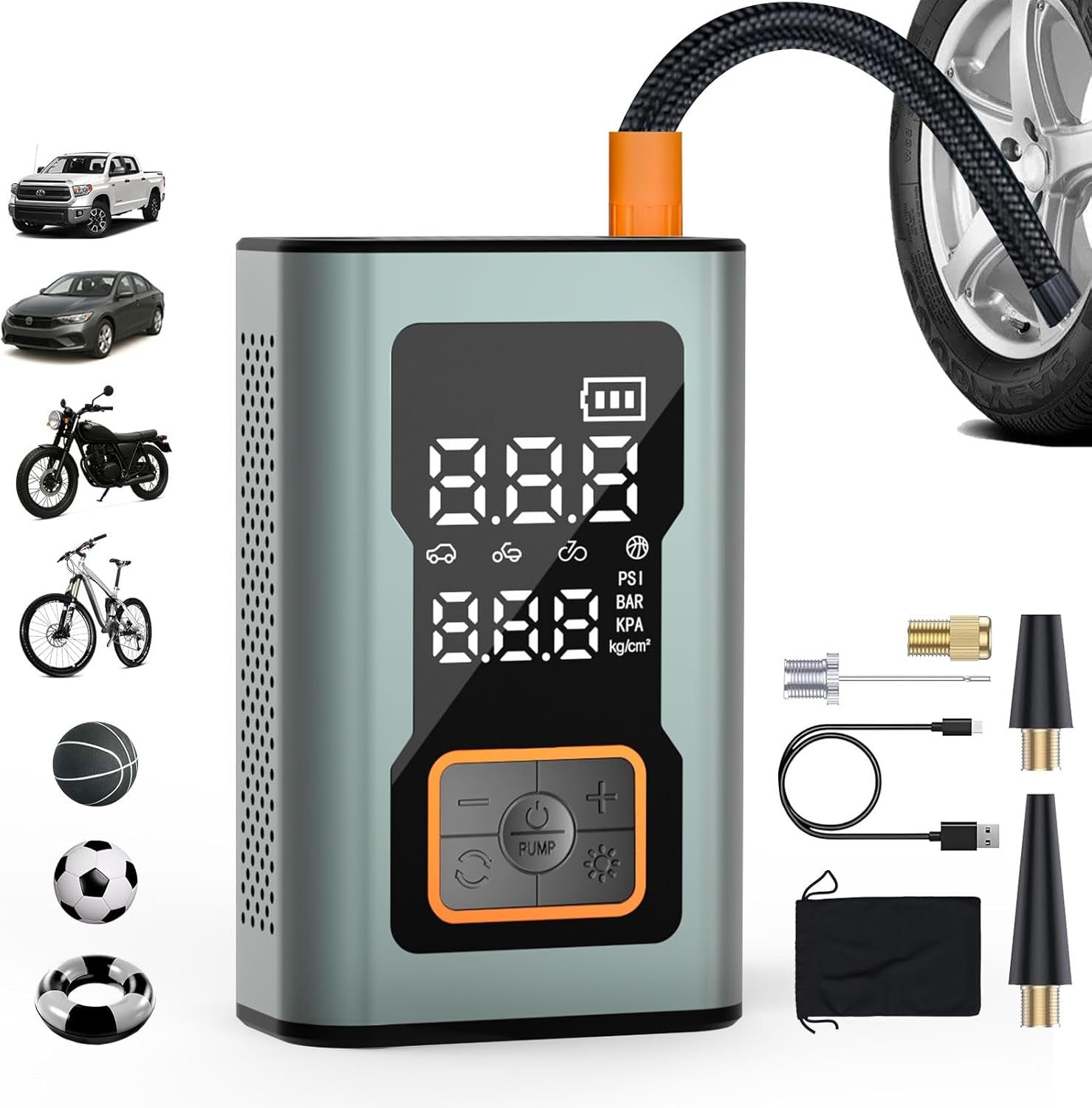 Cordless Tire Inflator Portable Air Compressor, 150 PSI Mini Bike Pump with Digital Dual Values Display, Electric Car Pump with Pressure Gauge LED Light, Air Pump for Auto, Motorcycle, Bicycle, Balls