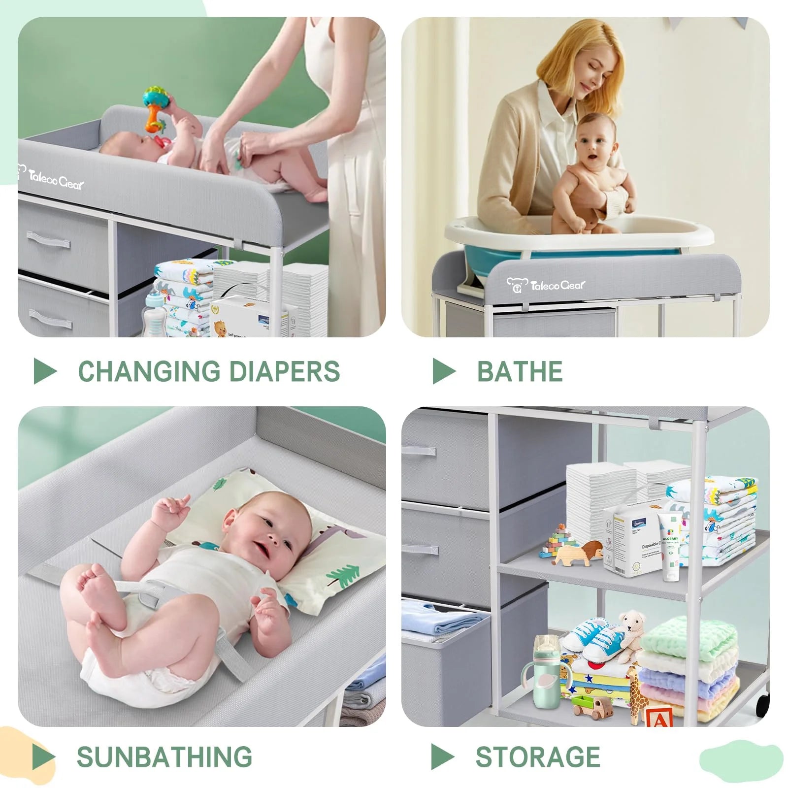 G TALECO GEAR Baby Changing Table, Portable Diaper Changing Station with Wheels, Nursery Organizer for Newborn and Infant, Light Gray