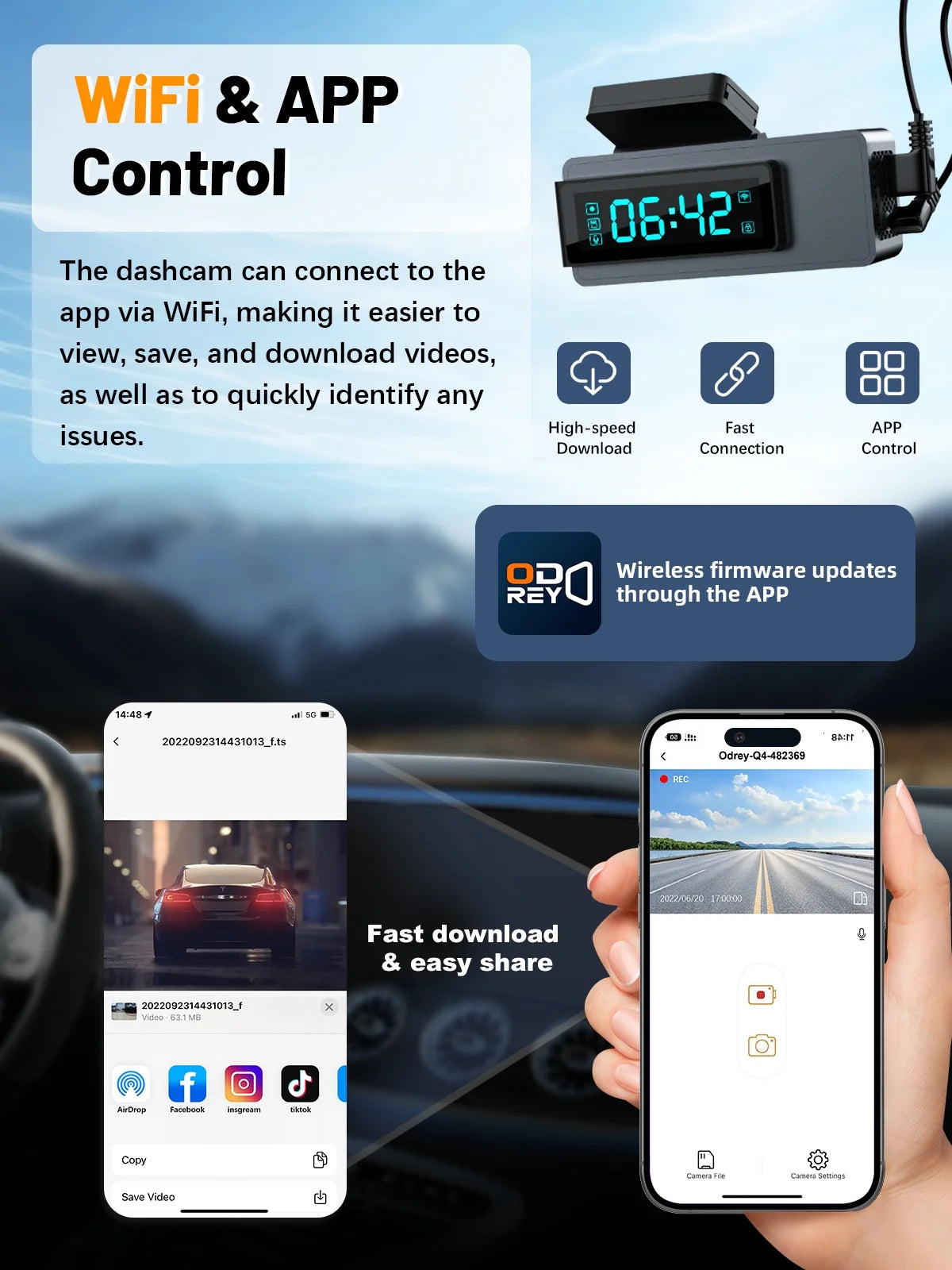 ODREY Dash Cam Front and Rear, 4K+1080P WDR Dash Camera for Cars, 4K Single Front Built-In Wifi Car Camera with G-Sensor, Super Night Vision, 64GB Card, Loop Recording, Parking Mode