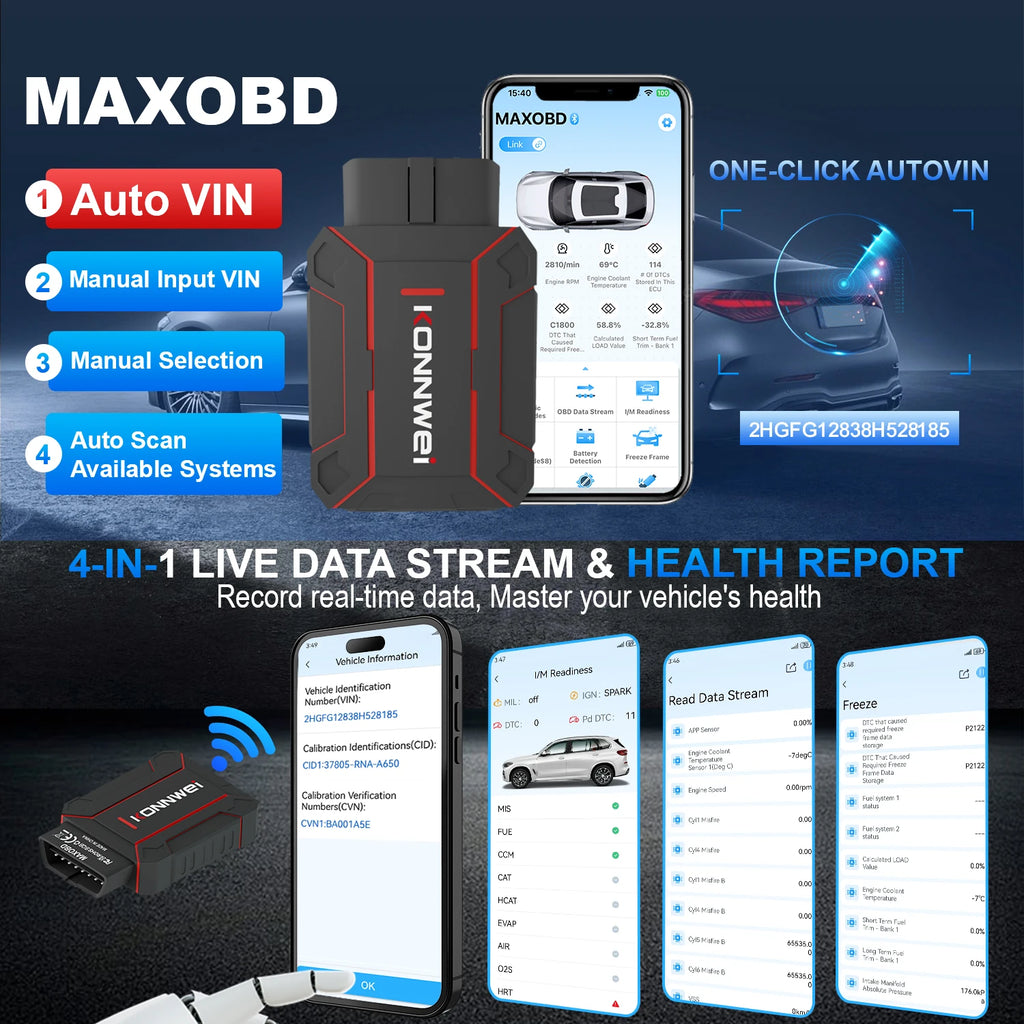 KONNWEI MAXOBD Full System OBD2 Scanner Bluetooth 5.2 Car Diagnostic Tool for Engine/Transmission/Abs/Airbag Code Reader