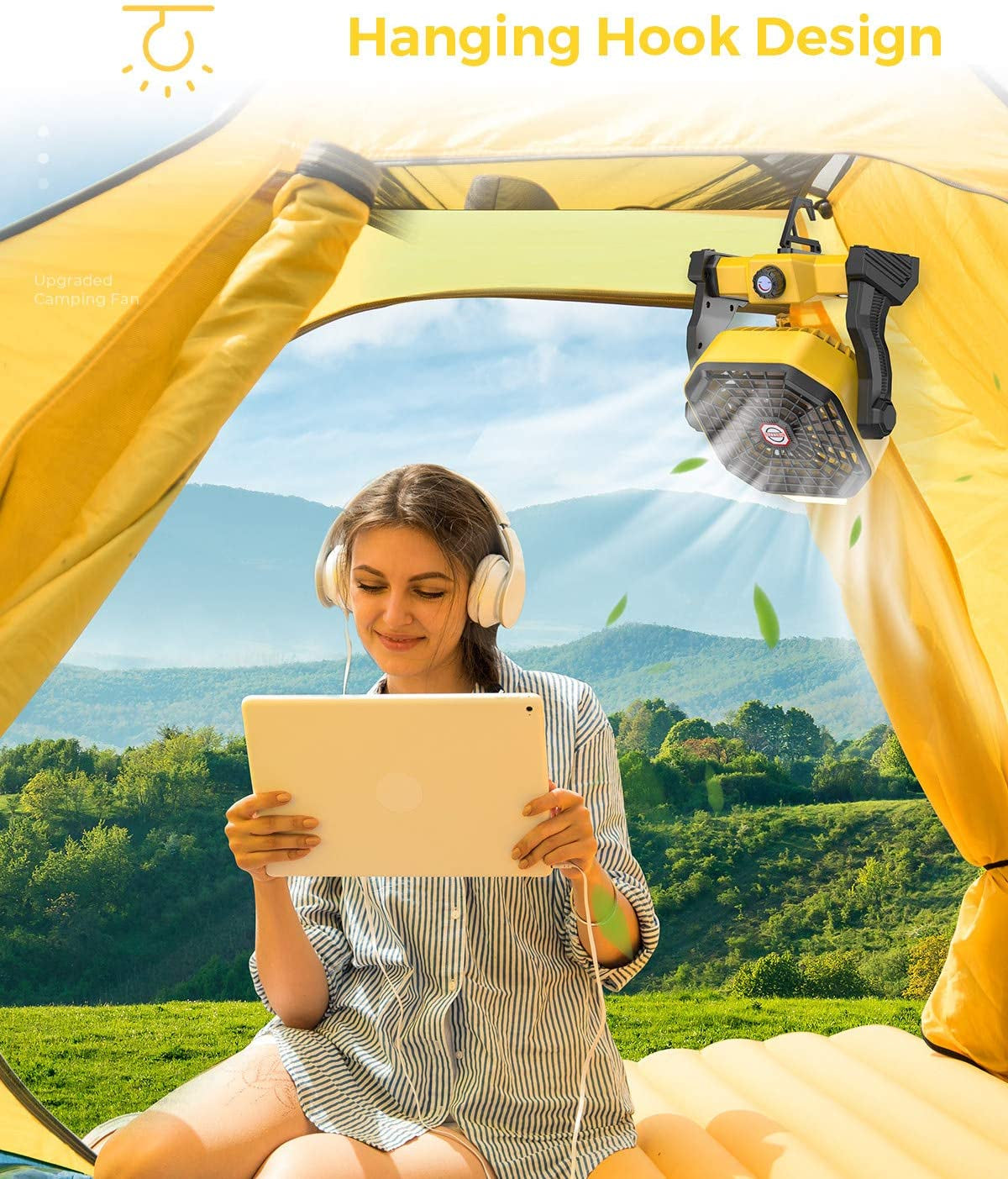 JINLICTE Rechargeable Portable Camping Fan - 9 Inch, Stepless Speed, Ultra-Quiet, 8-36 Hours Runtime for Outdoor Adventures, Picnics, and Home Use