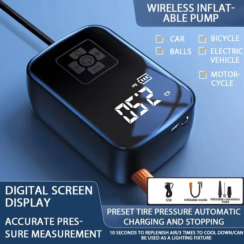 LEIBOO Wireless Electric Tire Inflator and Air Compressor for Motorcycles, Bicycles, and Automobiles with Digital Display