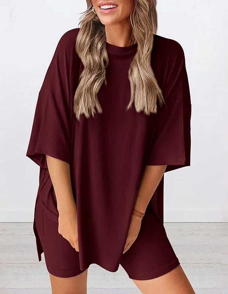 Women'S Two Piece Lounge Set Summer Casual Oversized Shirts Biker Shorts Matching Airport Travel Outfit