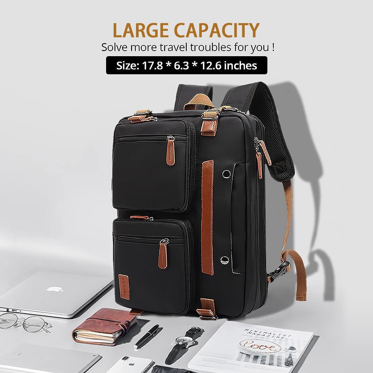 MOLNIA 3-in-1 Versatile Laptop Bag for Men - 17.3 Inch Backpack, Briefcase, and Messenger Bag - Stylish and Functional Computer Bag for Both Men and Women - Sleek Black Design