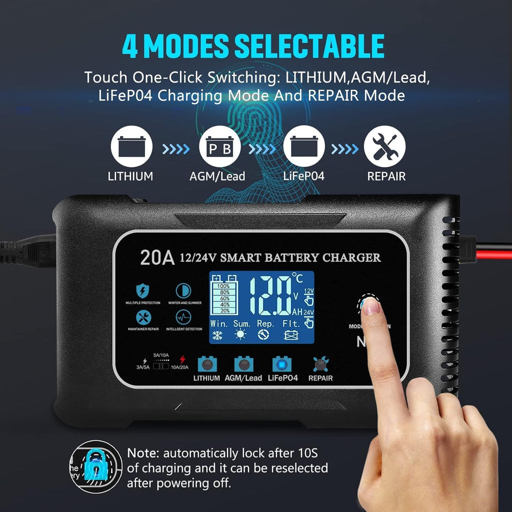 Battery Charger 0-20A 12V and 24V Lithium, Lifepo4, Lead Acid (Agm/Gel/Sla), Smart Car Battery Charger and Maintainer, Trickle Charger with Pulse Repair for Car, Boat, Marine, Deep Cycle