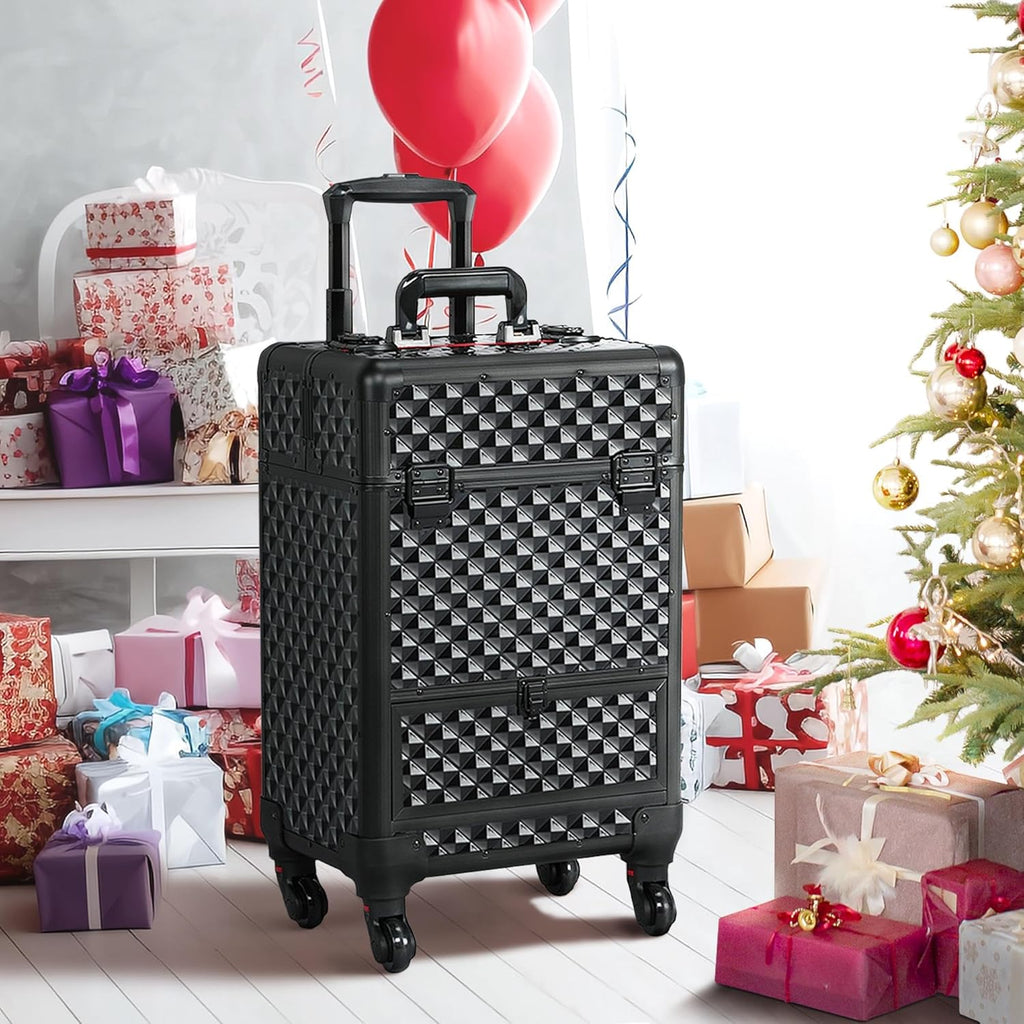 Yaheetech Rolling Makeup Train Case Aluminum Cosmetic Case with Wheels Barber Case Salon Lockable Travel Trolley with Sliding Drawers Removable Divider, Black/Red