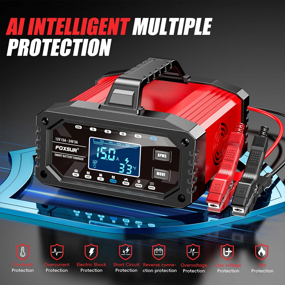 300W Car Battery Charger Full Automatic Protect Quick Charger 12V/24V Multiple Protections LCD Display
