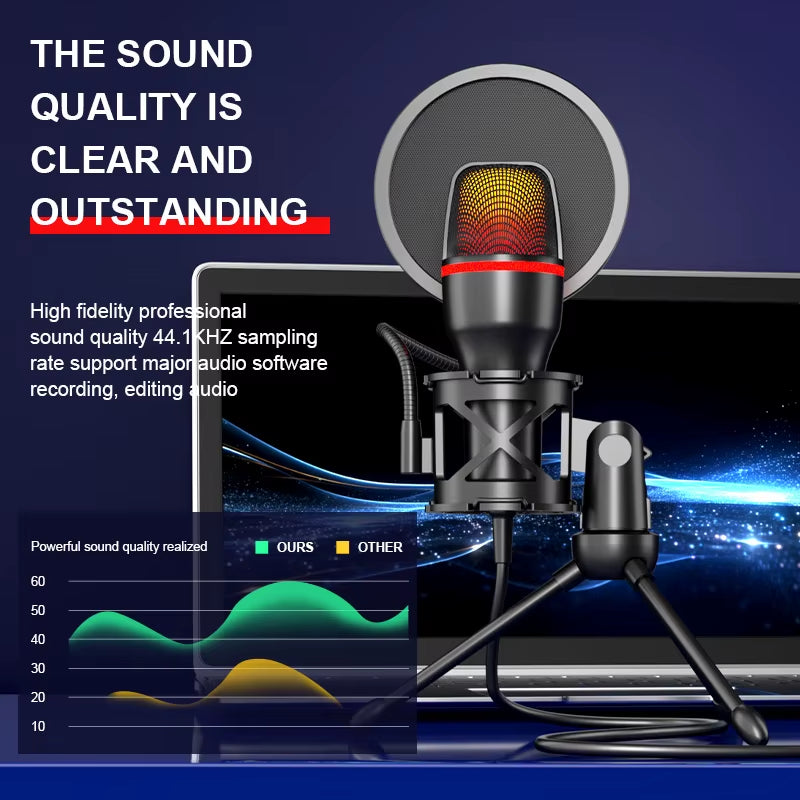 Professional USB Condenser Microphone for PC and Laptop - Gaming and Live Streaming Accessory Kit with RGB Lighting for Podcasting and Gaming