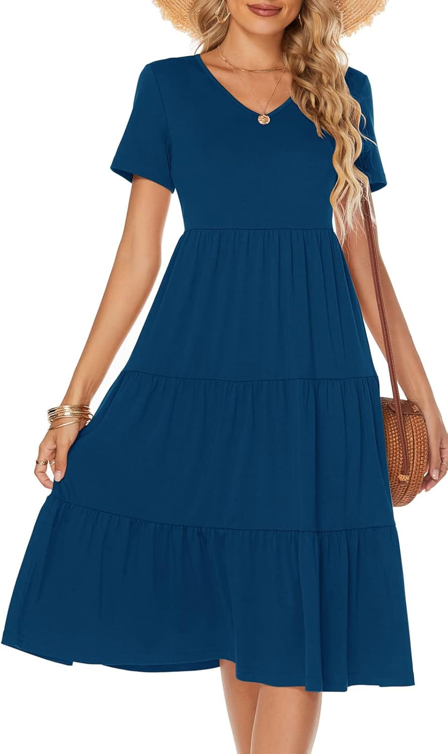Berydress Women'S Casual Summer Tiered Midi Dress 2025 Short Sleeve V-Neck Loose Cotton Ruffle Babydoll Dress Boho Sundress