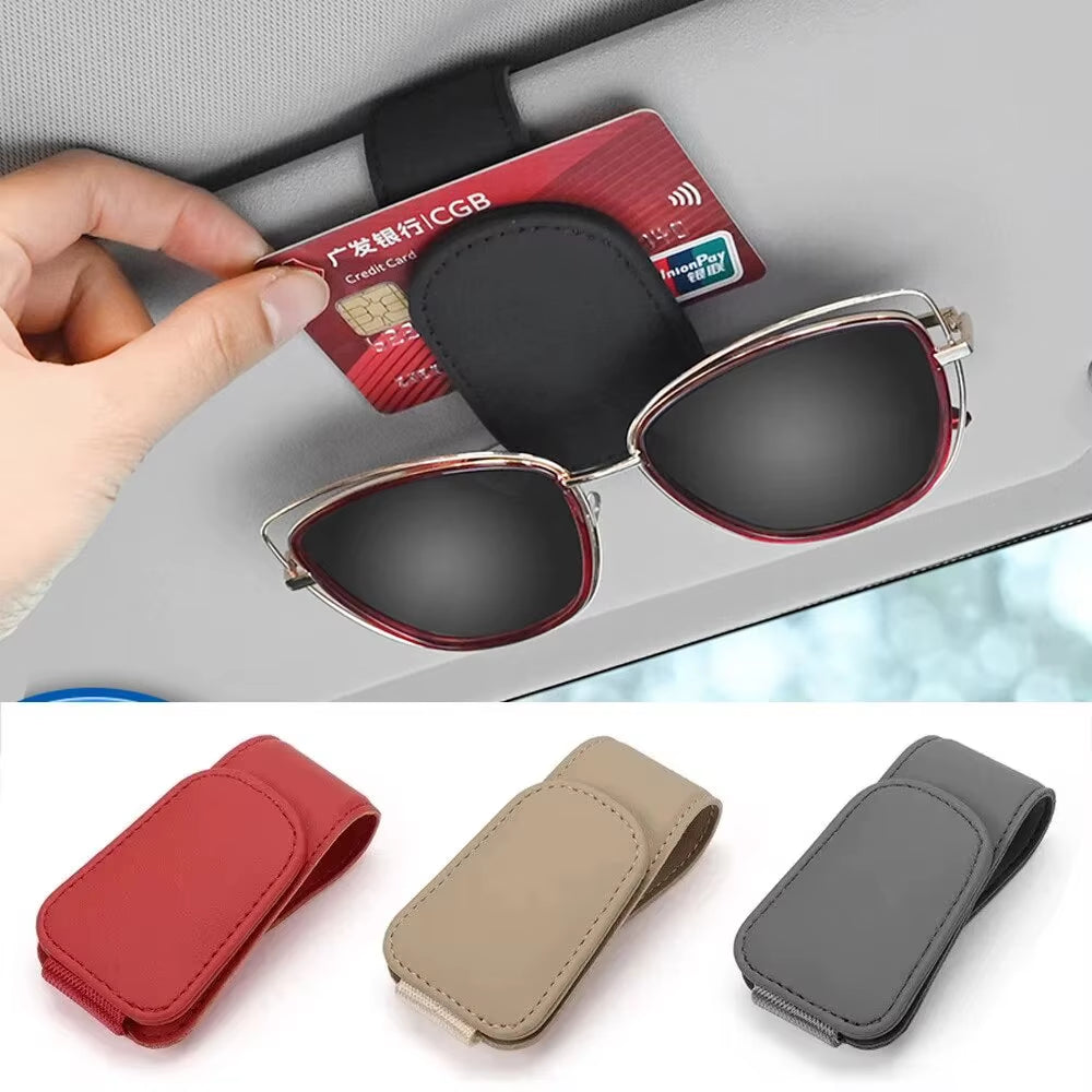 Premium Universal Car Sun Visor Eyeglass Hanger Clip - Magnetic Leather Glasses Holder & Multi-Function Storage Solution