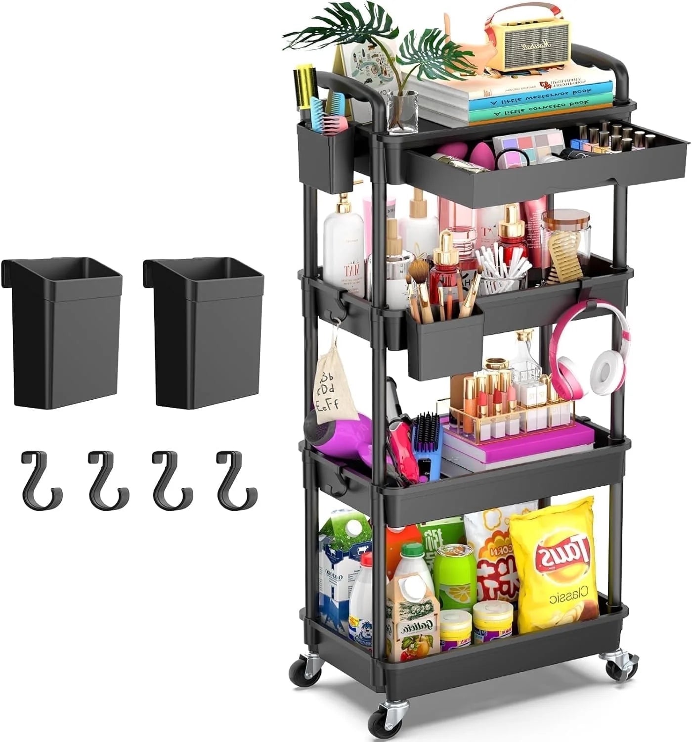 Yeabett 4 Tier Rolling Utility Cart Organizer with Removable Drawer, Mobile Storage Carts with 2 Lockable Wheels for Bathroom, Kitchen, Snack, Craft, Makeup, Baby Essentials, White