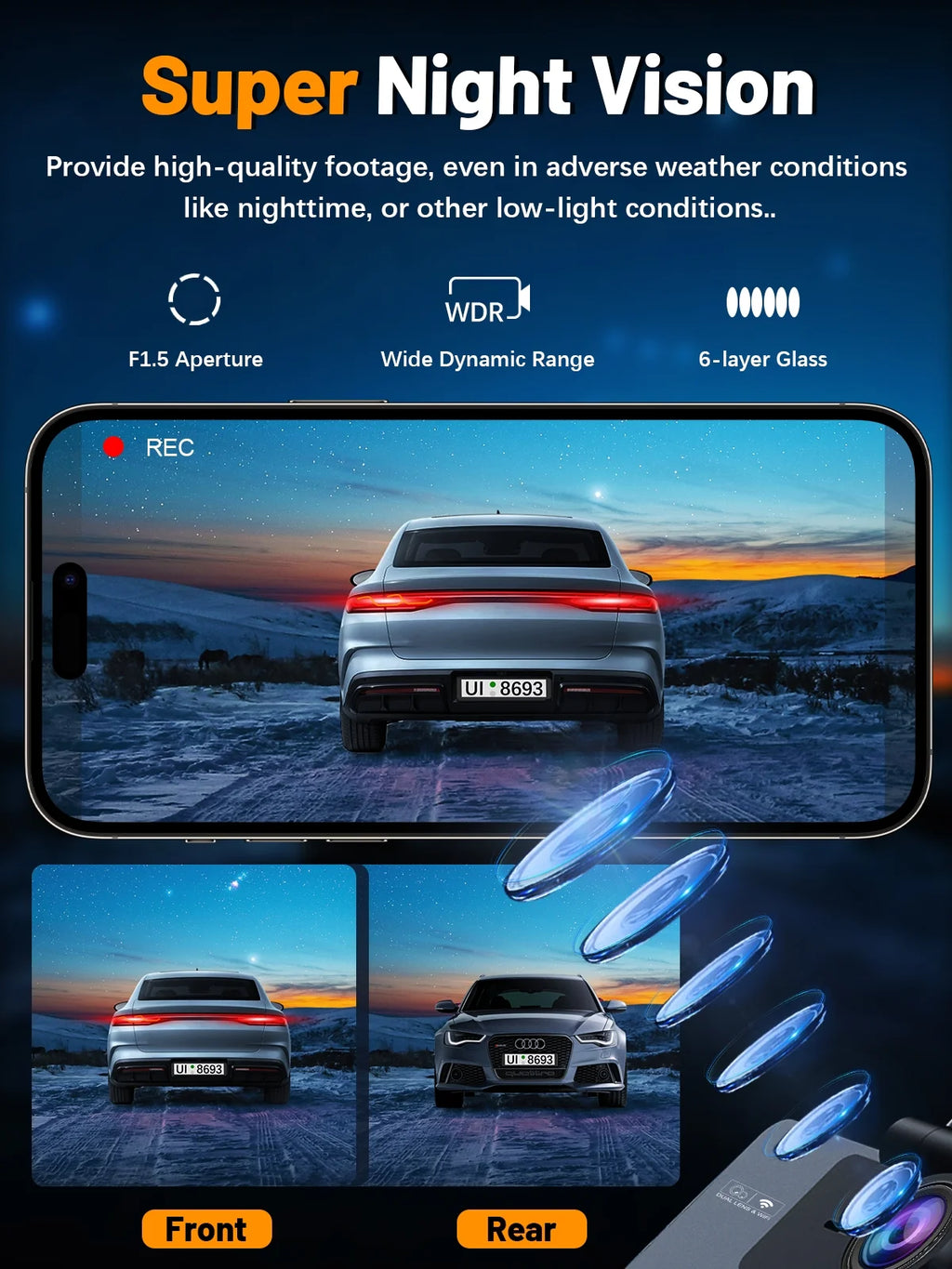 ODREY Dash Cam Front and Rear, 4K+1080P WDR Dash Camera for Cars, 4K Single Front Built-In Wifi Car Camera with G-Sensor, Super Night Vision, 64GB Card, Loop Recording, Parking Mode