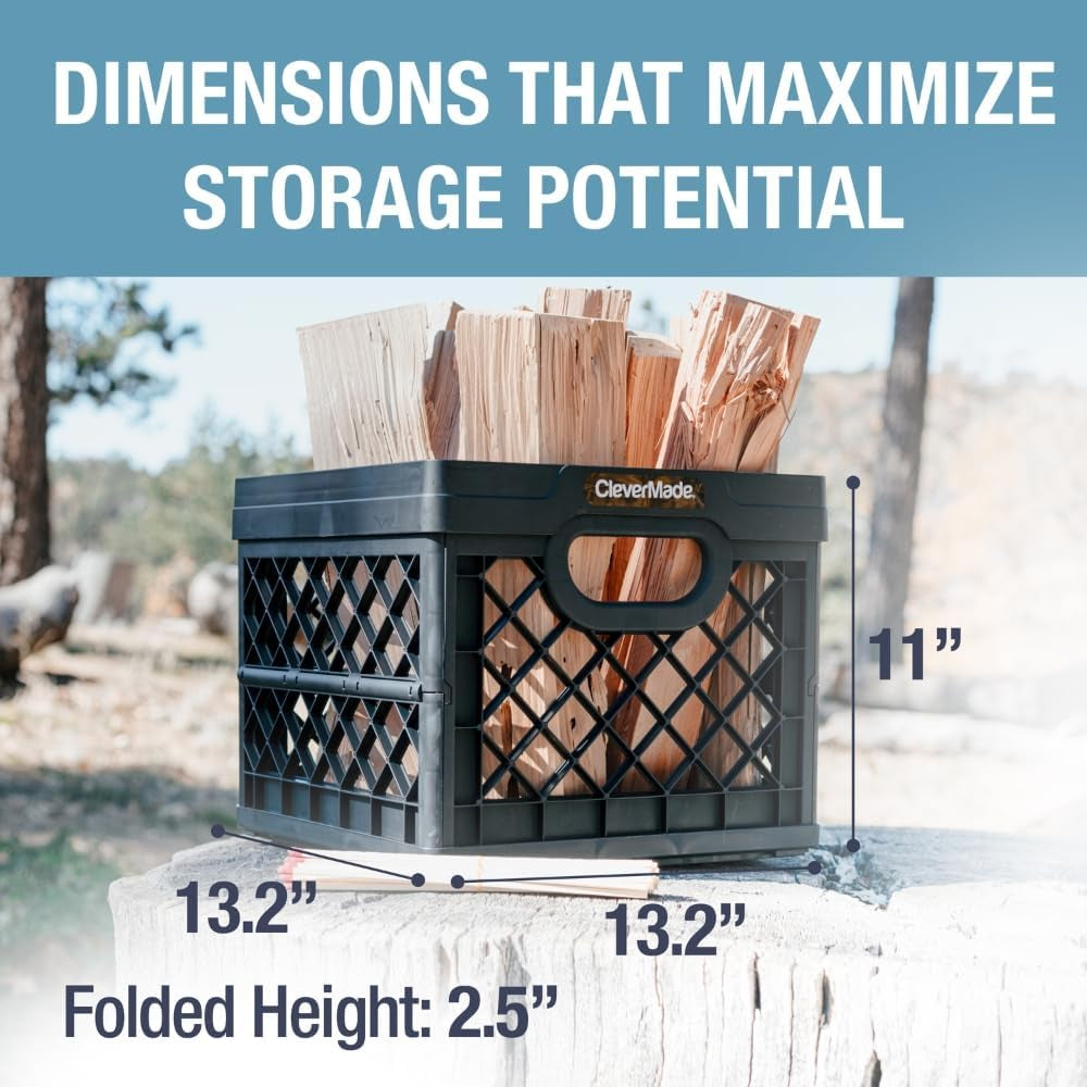 Clevermade Heavy Duty Collapsible Milk Crate - 25L (6.6 Gal) Stackable Storage Solution with File Rails - Obsidian Color