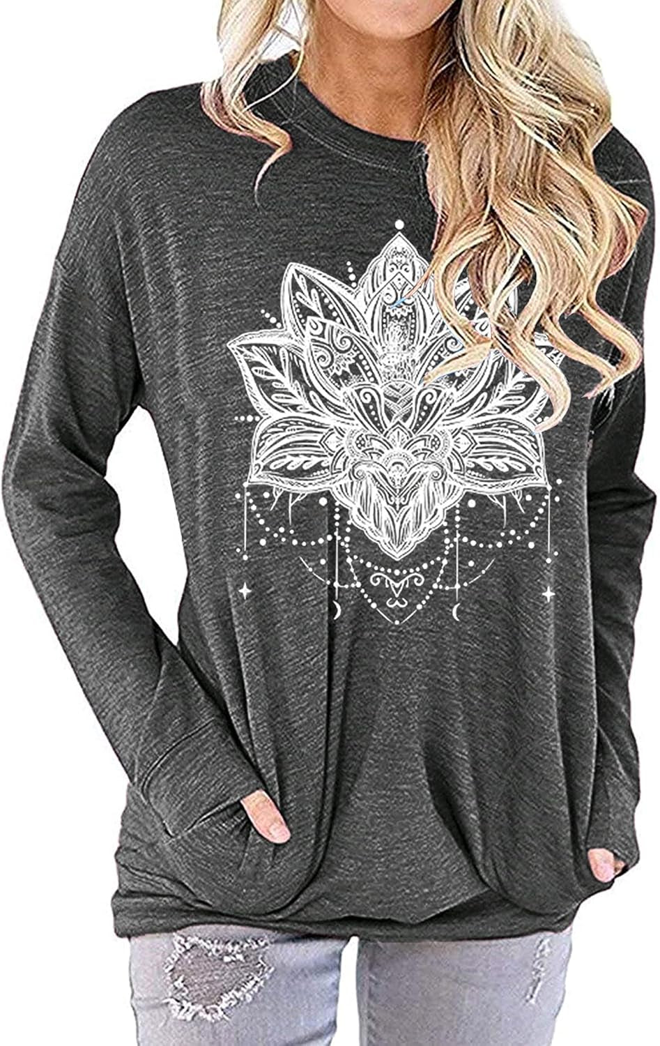 Hount Womens Casual Loose Fit Shirts Long Sleeve Comfy T-Shirts Pullover Sweatshirts with Pockets