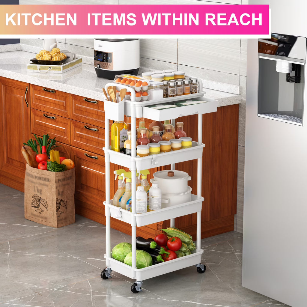 Yeabett 4 Tier Rolling Utility Cart Organizer with Removable Drawer, Mobile Storage Carts with 2 Lockable Wheels for Bathroom, Kitchen, Snack, Craft, Makeup, Baby Essentials, White