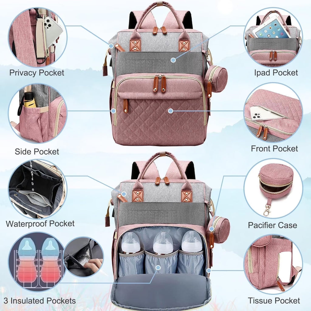 Morfone Baby Diaper Bag Backpack, Multifunction Waterproof Baby Bag with USB Charging Port, Stroller Straps & Pacifier Case Unisex, Pink