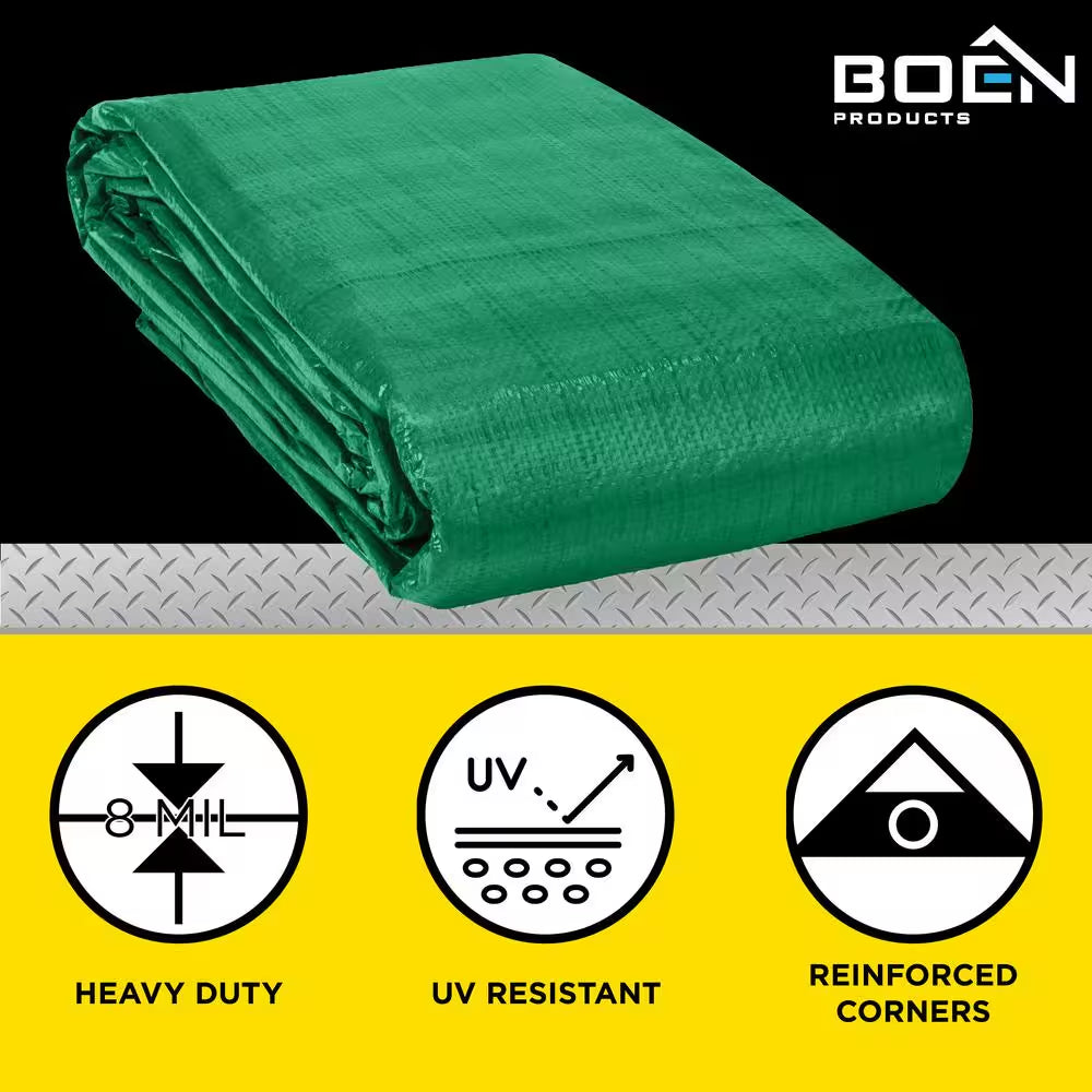 10 Ft. X 20 Ft. Multi-Purpose Green Poly Tarp Cover 8 Mil Thick Weave Material, Waterproof