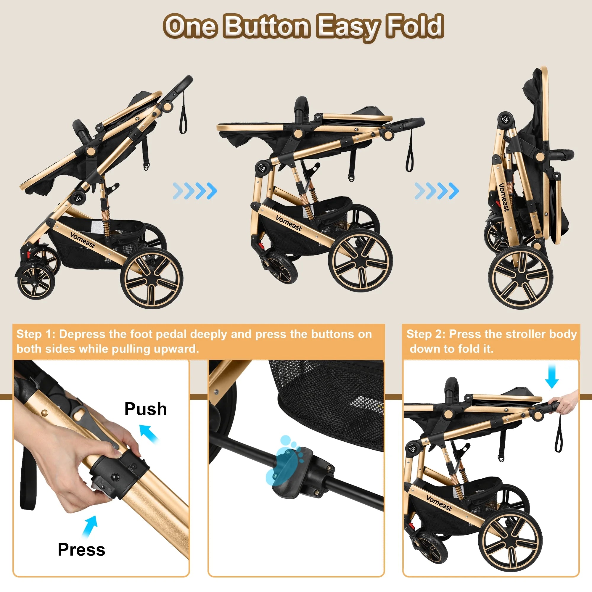Vomeast Baby Stroller, Foldable Aluminum Alloy Stroller with Reversible, Travel Stroller for Newborn Infant, Black
