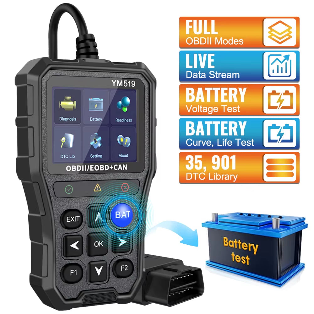 Code Reader Fault Code Scanner Multi-Language YM519 Car Diagnostic Tool OBD2 Code Reader Check Engine System Battery Tester