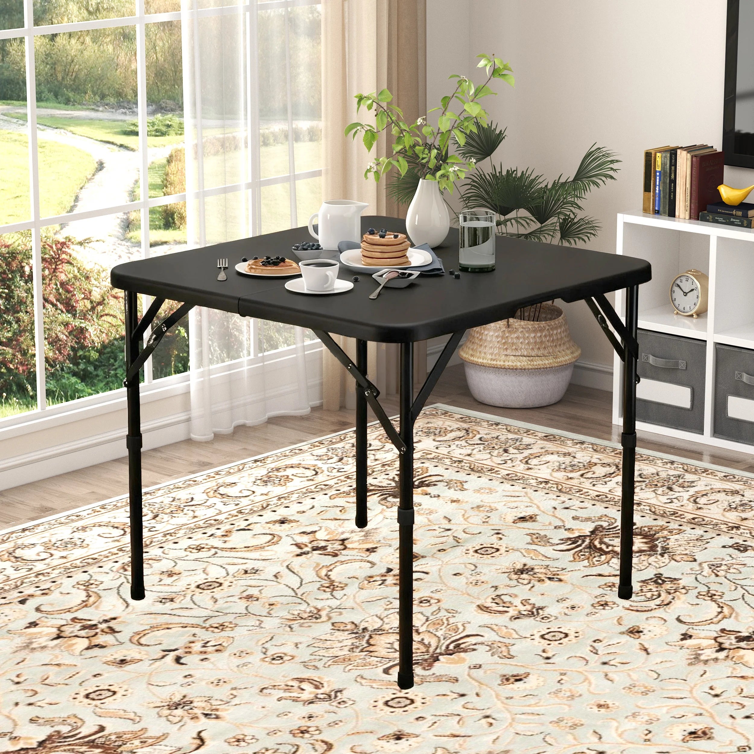 34" Square Folding Table,Fold-In-Half Plastic Card Table,Picnic Party Event Dining Camp Table for Indoor Outdoor,Black