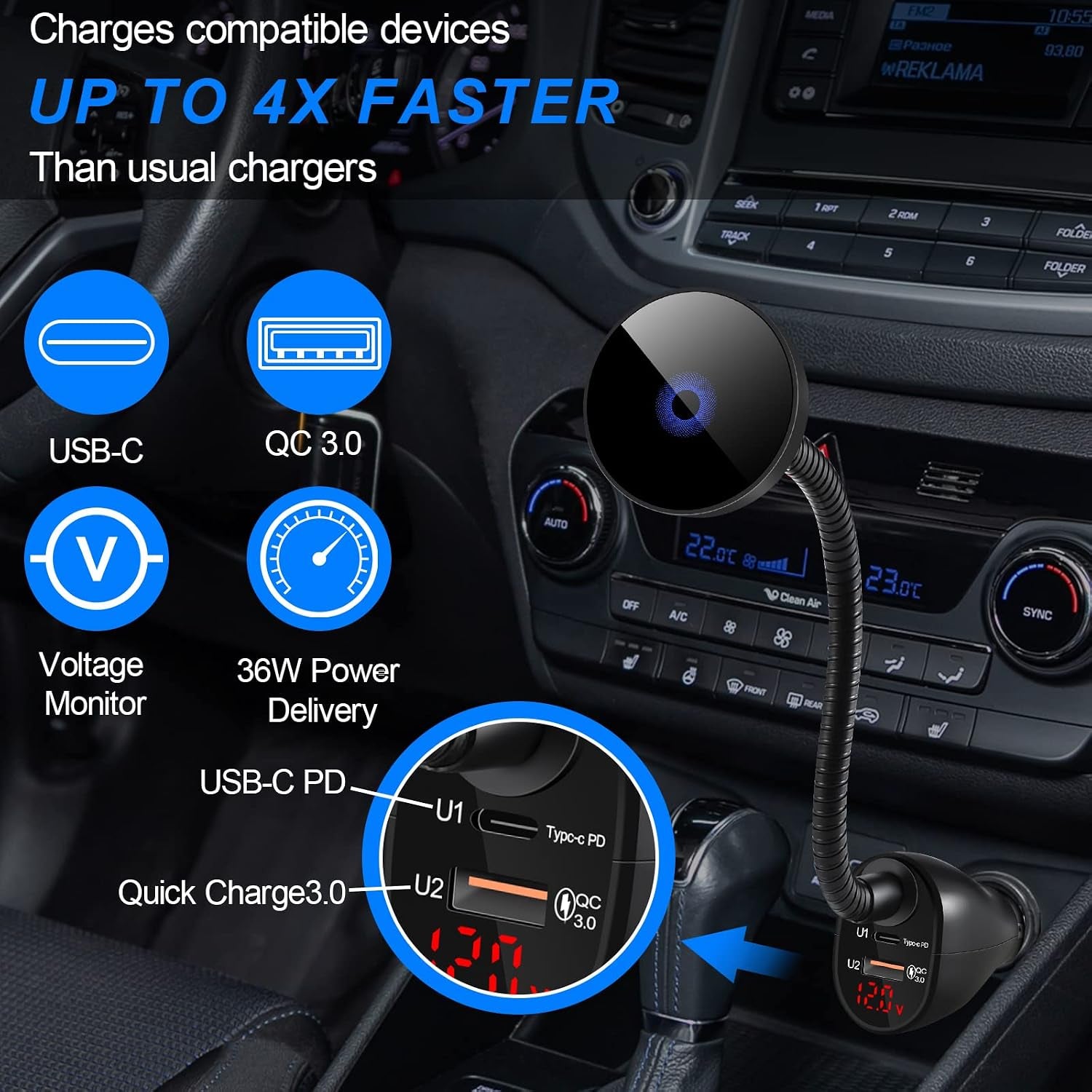 DACK Mag-Safe 15W Car Cigarette Lighter Wireless Charger, Magnetic Auto-Alignment Air Vent Mount Holder with Dual Port PD&QC3.0 Fast Charging for Iphone 13/13 Pro/ 13 Pro Max/12 Series