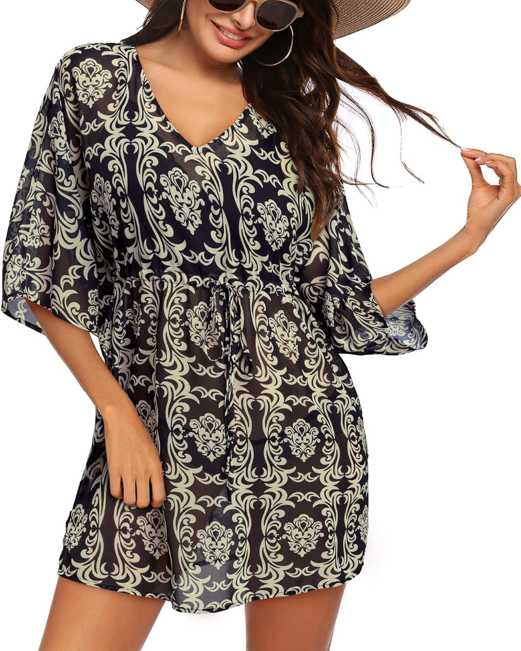 Newshows Women Swim Cover up Summer Swimsuit Hawaiian Beach Bikini Swimwear Chiffon Bathing Suit Tunic Dress (Floral 16, Large)