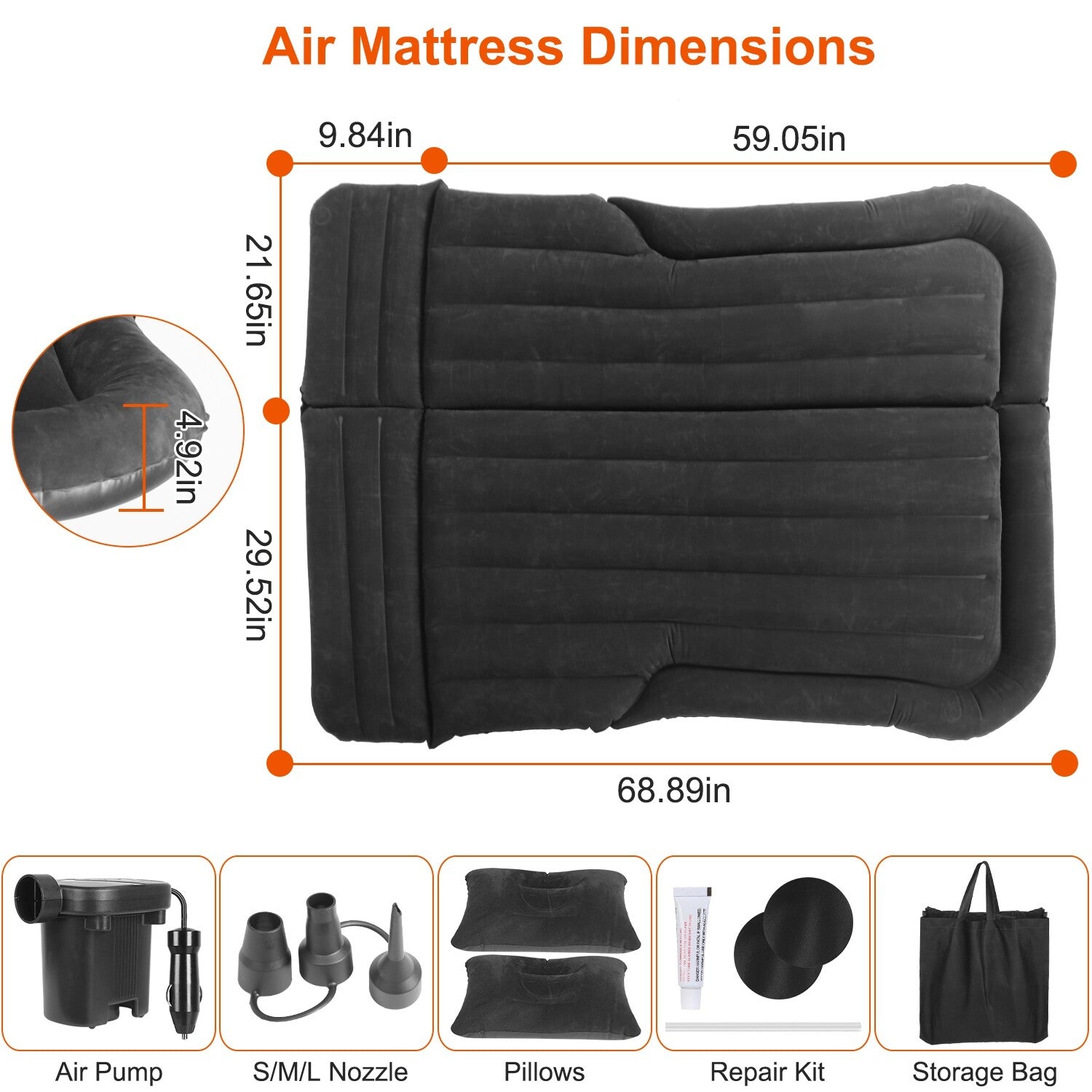 Inflatable Travel Car Mattress with Air Bed for Back Seat Comfort, Includes Two Pillows and Pump