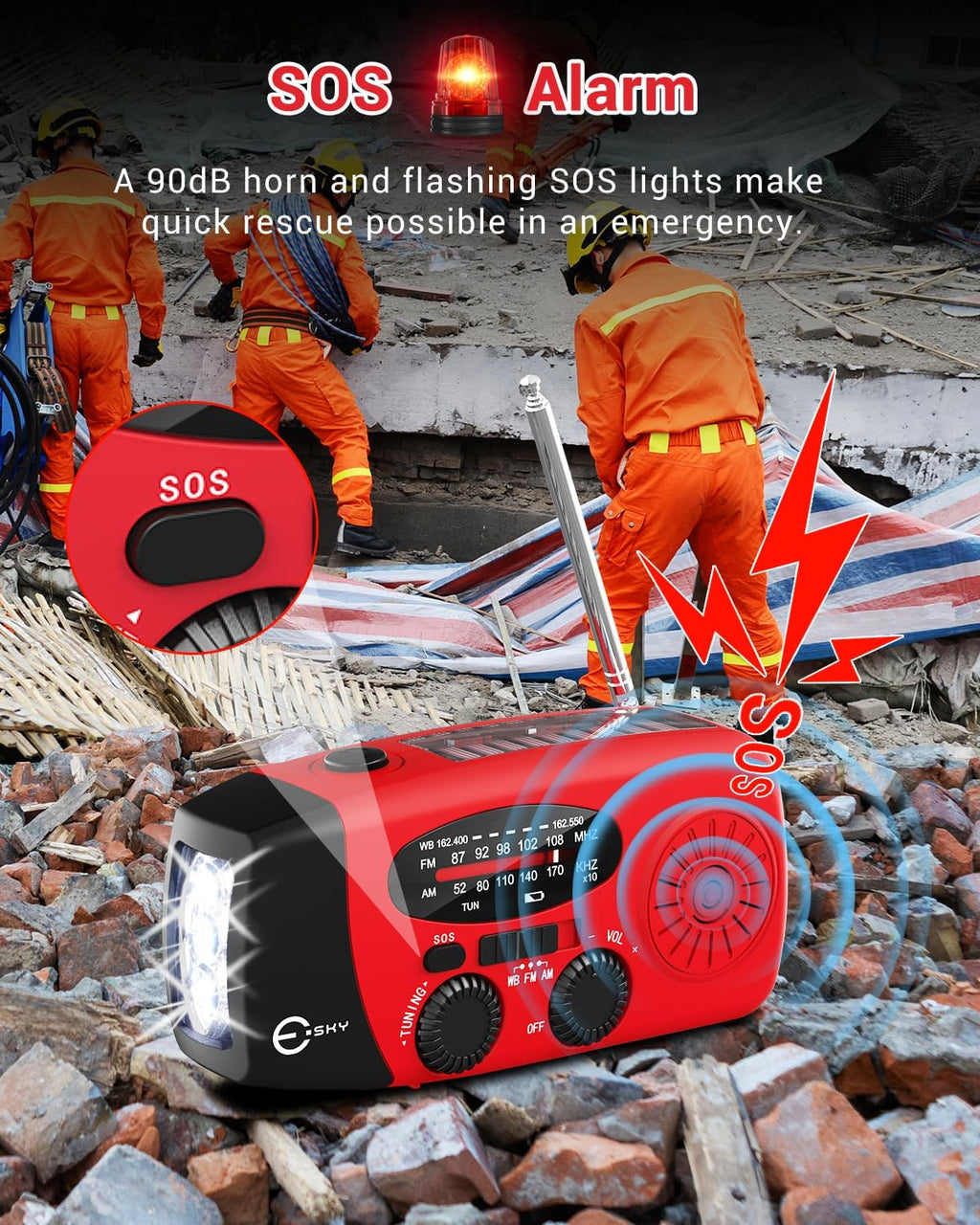 Esky Emergency Hand Crank Radio 7400Mwh with 3 LED Flashlight, AM/FM/NOAA Portable Weather Radio with Built-In 2000Mah Battery, Solar Powered Radio for Indoor Outdoor Survival Camping, SOS Alarm
