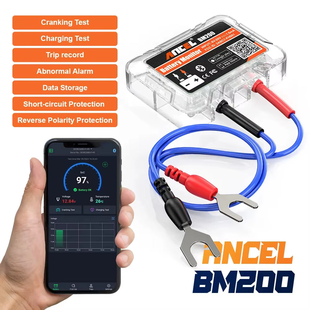ANCEL BM200 12V Battery Monitor Wireless Bluetooth Car Battery Health APP Monitoring Battery Tester Tools for Android IOS